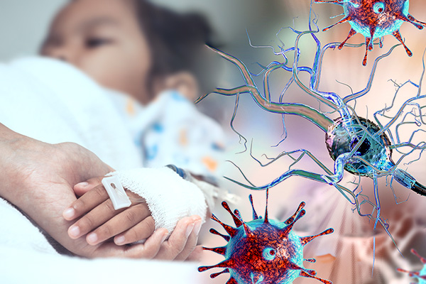 Child in hospital with covid cells and neurons