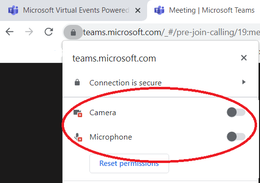 The menu that appears when selecting the "lock" icon in the Google Chrome address bar. Two toggles for Camera and Microphone are circled in red.
