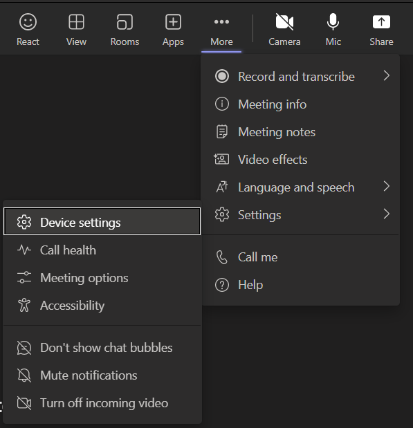 A portion of the menu in Microsoft Teams. The "More" menu is selected, then "Settings" (the sixth option), then "Device Settings" (the first option) is highlighted.