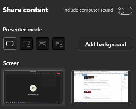 Screen selection in the Share Content menu.