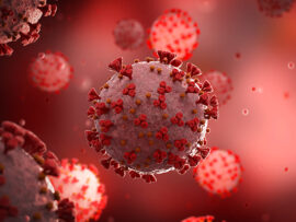 Microscopic close-up of the covid-19 disease. Red Coronavirus illness spreading in body cell. 2019-nCoV analysis on microscope level 3D rendering