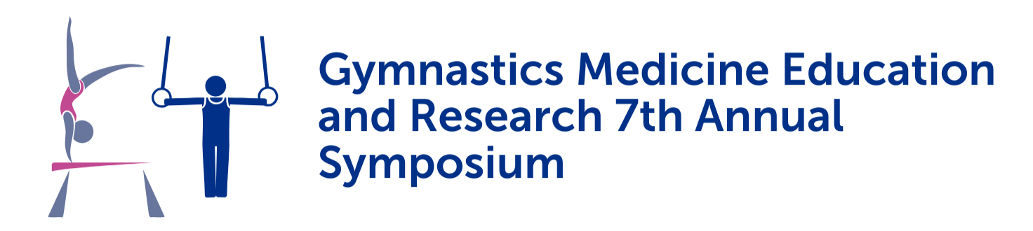 Stick figures performing gymnastics stunts on beam and rings with Gymnastics Medicine Education Symposium logo