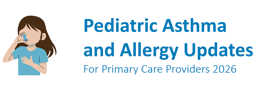 Vector image of girl using an inhaler with the text, "Pediatric Asthma and Allergy Updates for Primary Care Providers 2026"