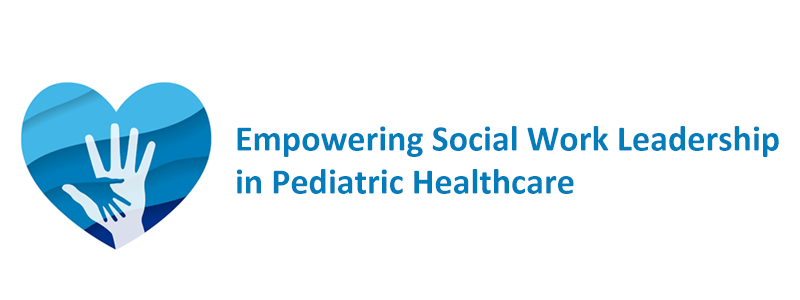 Blue heart with interlocking hands over it . Text that says "Empowering Social Work Leadership in Pediatric Healthcare"